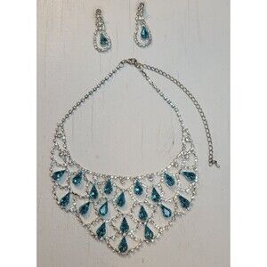 Aqua Blue Rhinestone Necklace Earring Set Formal Prom Wedding Bridal Statement